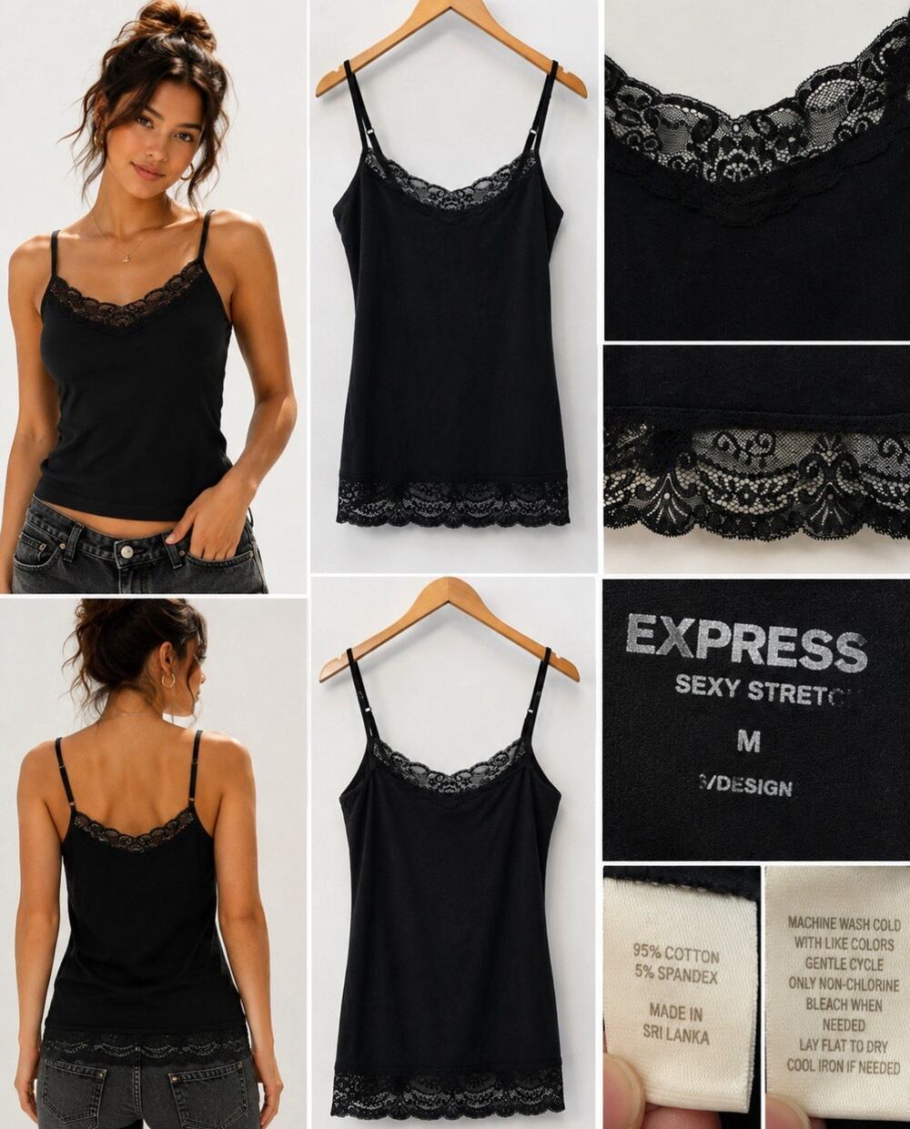 Y2K Indie Layering Express Sexy Stretch Lace Trim Cami Tank Size M Black Basic